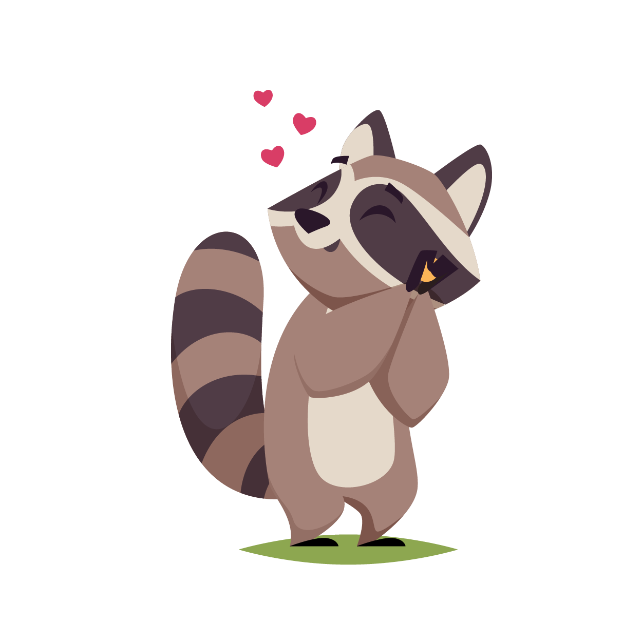 Hastings Racoon with hands clasped and hearts above his head